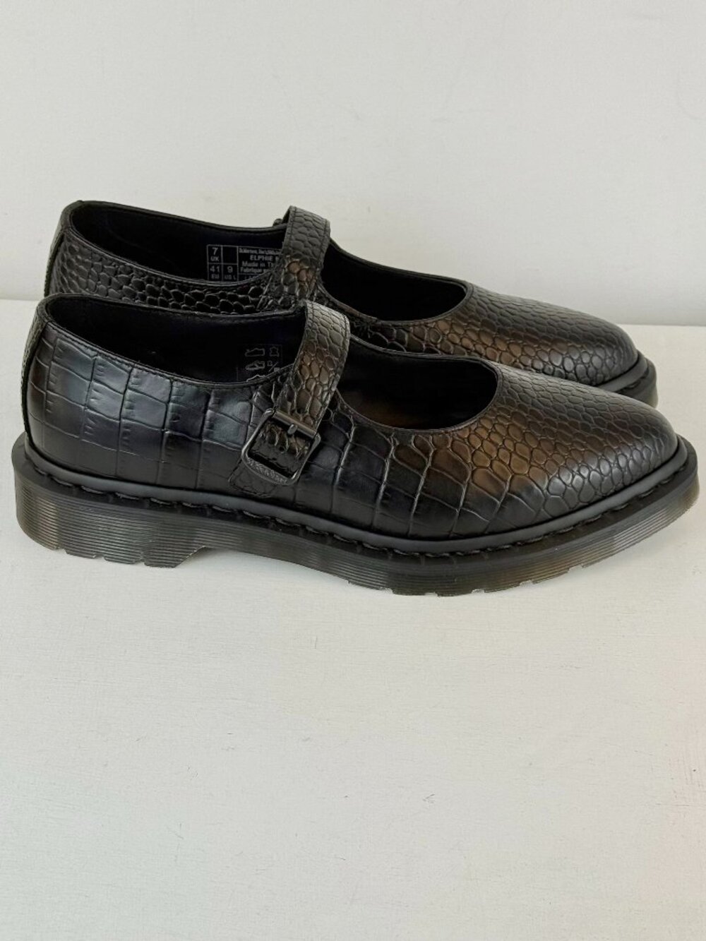 W9 - Dr Martens Elphie Mary Jane Emboss Leather Shoes - Black-Atlas Croc Emboss